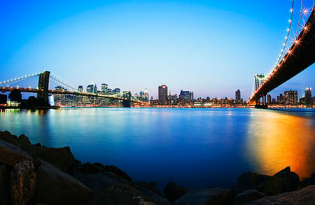 Sunset Bridge - skyline, blue, water, bridge, rocks