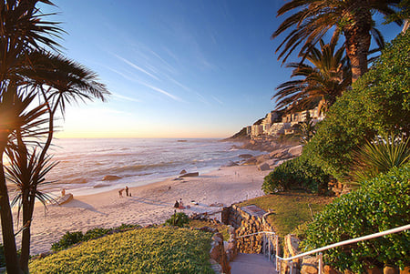 Beach Walk - path, beach, blue sky, sea, ocean, walk, sand, tree