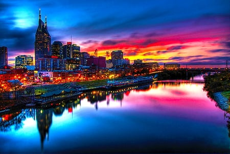 Vivid Sunset - bright, vivid, skyline, water, sunset