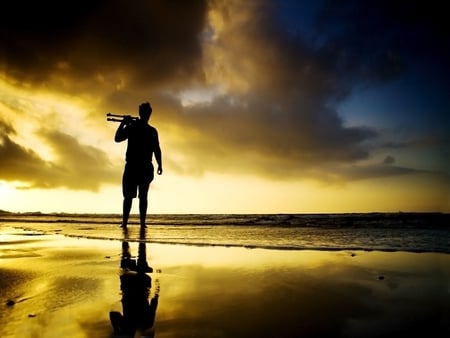 sunset and the man - nature, sky, beach, reflection, man, clouds, sunset