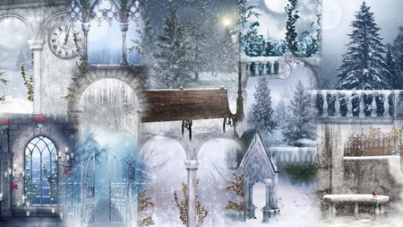 Winter Goth Style - windows, trees, goth, winter, bench, gothic, cold, snow, flowers, firefox persona, birds, lights