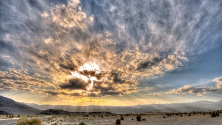 Lighted Desert - sky, clouds, desert, sunrays, sand, shine