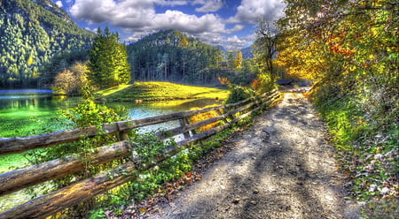 Season paradise - season, autumn, trees, photography, paradise, weather, clouds, hdr, color, hill, fence, landscape, mountain, way, plants, nature, forest, beautiful, island, shadow