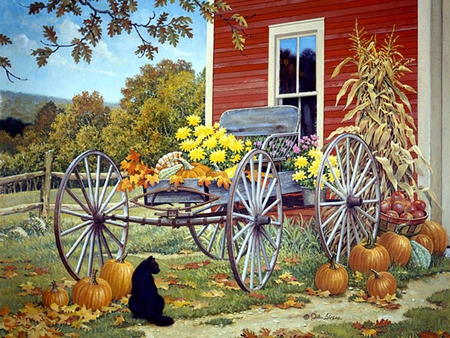 John Sloane. Season\'s finale - autumn, cat, pumpkin, cart, john sloane, painting, art, leaves, house, tree, flowers