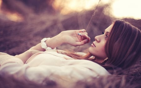 Dreamer girl - dreamer, eyes, beauty, grass, love, lovely girl, hair, dreams, dreamer girl, lips, hands, stare, bracelet, face, thinking