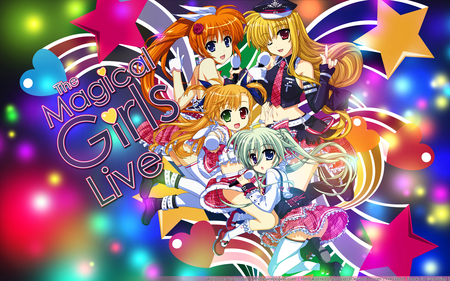 Pop Stars Live - yellow, magic, blue, brown, pink, magical, stars, fate testorosa, purple, red, vivo takamachi, nanoha takamachi, girl, live, shooting stars, einhart stratos, green, pop