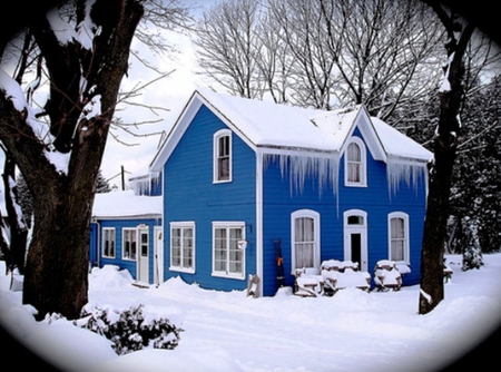 Blue Farm House - house, trees, winter, blue, farm, architecture, icicles