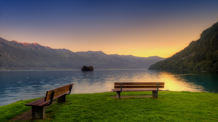 Front Row Seats - lake, benches, beautiful, island, green, grass