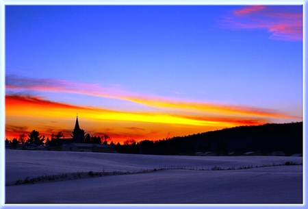 Winter Sunset - village, sky, sun, snow, winter, sunset