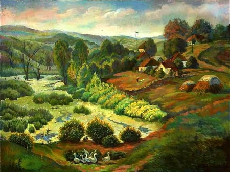 G. Gryshchenko. village Valentinovka - painting, g gryshchenko, art, duck, tree, grass