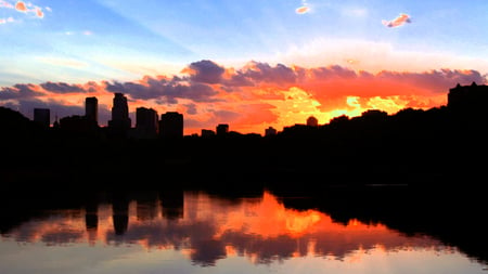 reflective sunset - beauty, silhouette, sky, photography, sun, sunset, black, nature, evening, yellow, clouds, orange, dusk