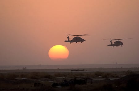 helicopters at sunset - clouds, yellow, helicopters, photography, military, evening, silhouette, beauty, orange, vehicle, black, sunset, nature, dusk, sun, sky