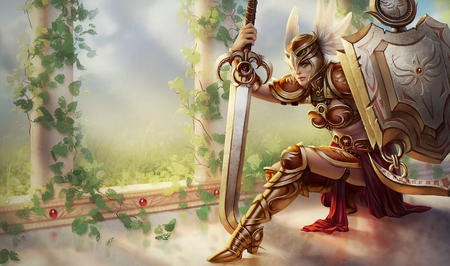 Leona- The Radiant Dawn - warrior, league of legends, strength, leaves, dawn, armor, radiant, weapon, power, shield, sun, vines, sword, leona, strong, knight, shine