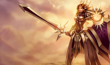 Leona- The Radiant Dawn - league of legends, leona, girl, sword, strong, dawn, armor, radiant, lady, power, cloudy, sun, video game