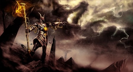 Nasus The Curator of the Sands - magic, league of legends, strength, ability, guy, light, man, boy, armor, nasus, dragon, fight, weapon, power, video game, storm, clouds, staff, strong, knight, curator, sands, rocks, allusion