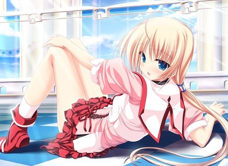 Blue Eyes - pink school uniform, blond girl, blue eyes, anime, red boots