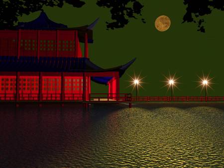 The Green Night WDS - moon, reflections, bridges, trees, water, fantasy, japan, pagodas, asia