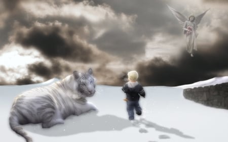 Tiger, Boy and Angel  - winter, tiger, angel, boy