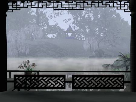 Foggy View Through Rice Paper Window - sky, houses, trees, gardens, gazebos, fantasy, views, japan, landscapes, asia