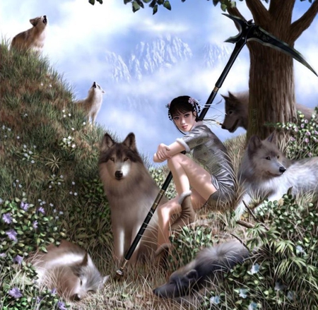 Scythe Wolf - beauty, scythe, girl, female, scythe wolf, fantasy, cg, wolf, pretty, beautiful, digital art, anime, cute