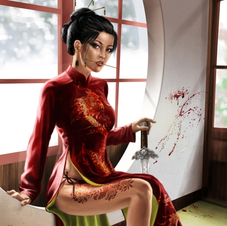 Red Assassin - pretty, female, dress, style, grace, red, action, tattoo, hot, girl, sword, digital art, assassin, beauty, cg, fantasy, ninja, sexy