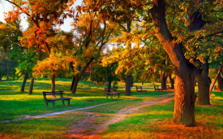 Autumn Colors - magic, colorful, road, view, art, romance, grass, landscape, way, park, nature, romantic, beautiful, leaves, beauty, autumn, sky, trees, peaceful, bench, autumn leaves, path, painting, fall, pretty, walk, green, tree, lovely, autumn colors, benches, splendor, colors