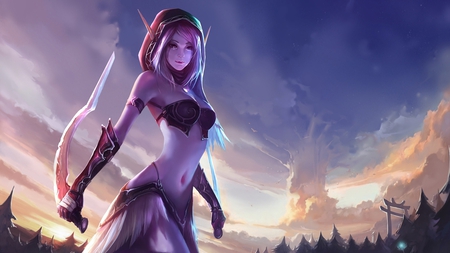 Beautiful Warrior - purple, girl, warrior, beautiful, weapon, elf sky