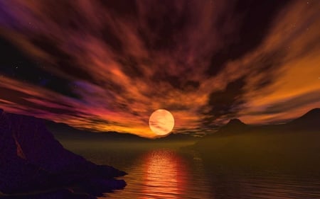 Superb Sunset - beach, sky, sun, photography, sunset, mountains, view, purple, reflection, dark, clouds, mounts, landscape, night, nature, beautiful, red, photo, sea