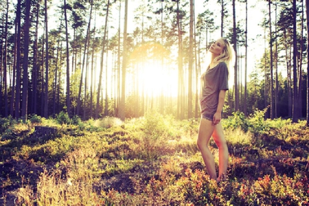 forest beauty - forest, women, sunlight, rays, female, trees, sun, grass