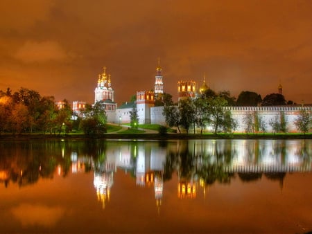 Modern castle - modern, reflection, castle, water, red sky, mirrored, lights