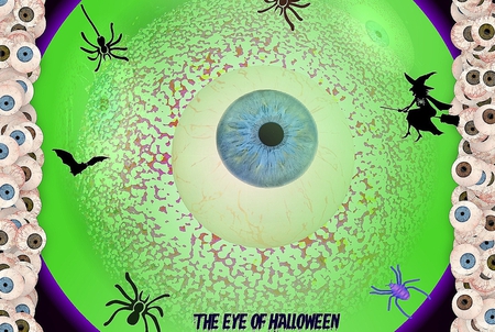 The Eye of Halloween Sees All - bats, spiders, creepy, eyes, blue eyes, halloween, purple, green, witches