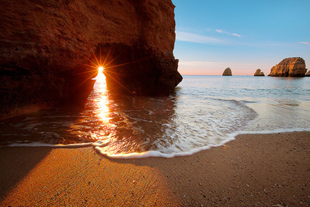 Sunset Gap - gap, ocean, beach, water, sand, sea, rocks