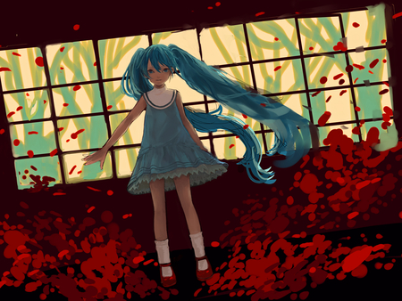 Hatsune Miku - volcaloid, hatsune miku, windows, red flowers