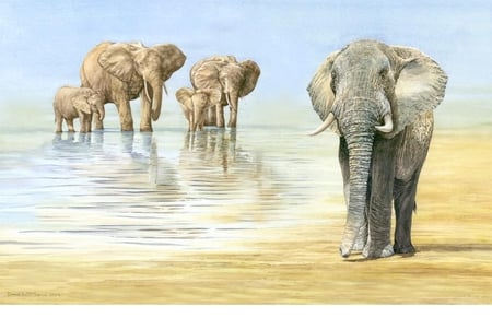 Mackenzie's art - water, savanah, nature, elephant, baby animal, painting, mackenzie, art