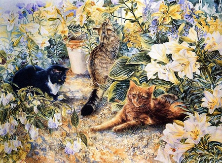 Lesley Fotherby - Cats - garden, flower, kitten, lesley fotherby, cat, painting, art