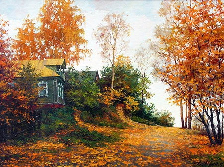 D. Levin. Autumn in the Village - d levin, tree, painting, art, autumn