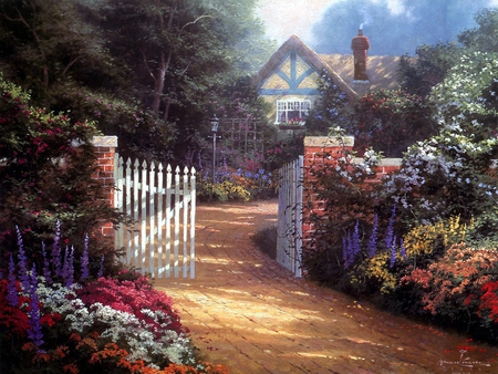 Welcome My Dear Friends - flowers, house, beautiful, garden, painting, friendship, fence, walkway