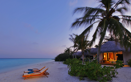 Paradise - beach, sky, paradise, light, palms, sunset, chairs, exotic, nature, beautiful, romance, green, colors, house, sand, sunrise