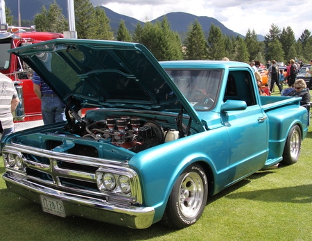 GMC blue truck  - trees, gmc, truck, blue, photogrpahy, green, mountains