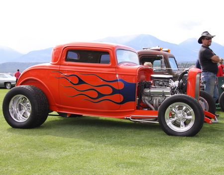 1932 Ford at the Radium Hot Springs car show 107 - red, silver, black, chrome, tires, grass, ford, engine, photography, green