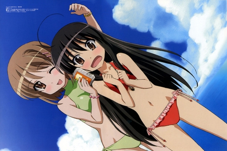 Shakugan no Shana - sky, brown eyes, water, black hair, brown hair, bikini, wink, blush, short hair