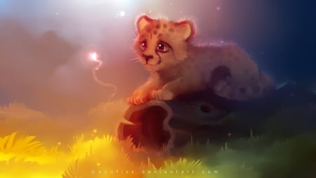 Lion Cub - nice, cub, lion, apofiss, colorful, art, dark, artwork, orange, green, anime, manga, light, lion cub, red, wild, beautiful, animal, sweet