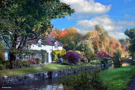 Magical Manor - manor, trees, pond, sky