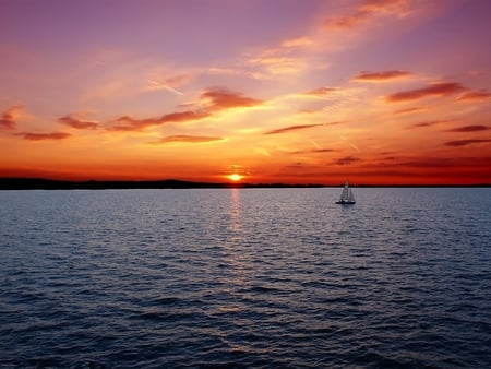 Sunset - sky, sunset, sea, sailboat