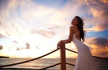 Brunette in White Dress - white, woman, brunette, dress