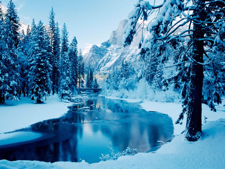 Blue River - lake, landscape, mountain, trees, winter, mountains, nature, forest, blue, snow, river, bridge