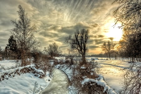 Winter-HDR - nice, beauty, season, sky, trees, photography, sun, water, great, meadow, sunset, white, amazing, pretty, cool, clouds, walk, river, hdr, bridge, landscape, winter, lovely, nature, snow, beautiful, scenery, sunrise