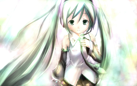 Hatsune Miku - aqua, headset, music, anime girl, white, art, cool, aqua eyes, artistic, hatsune miku, skirt, song, child, vocaloids, program, vocaloid, pink, beautiful, uniform, diva, beauty, nice, twintail, singer, aqua hair, black, virtual, pretty, idol, anime, miku, cute, girl, cg, hatsune, microphone, headphones, blue, tie, awesome, digital, gray, outfit