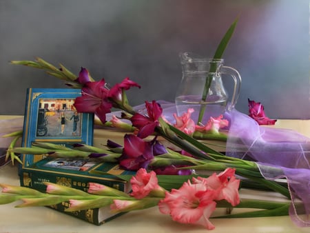 Still Life - pretty, vase, purple flowers, books, colors, still life, flowers, nature, pink flowers