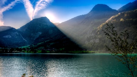 Landscape - rays, lake, valley, sky, landscape, sunlight, mountains, nature, village, clouds, colors, sunrise